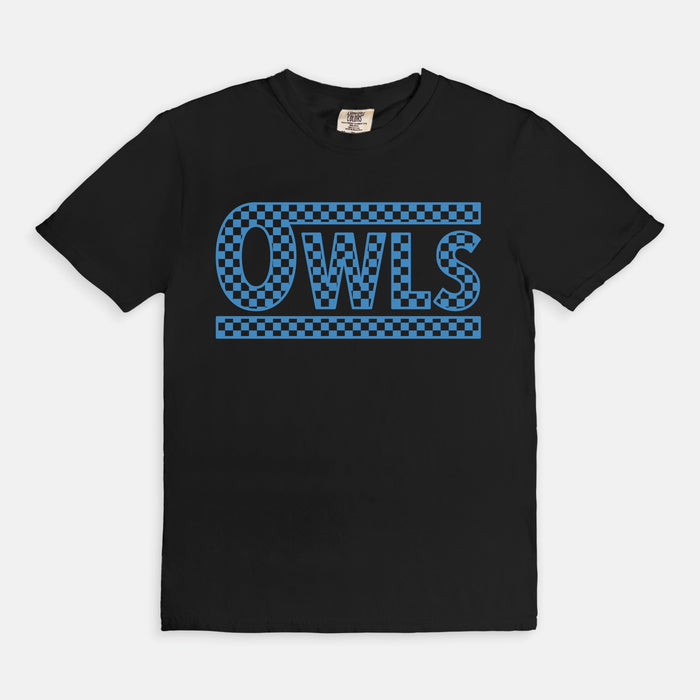 Checkered Owls on Black Tee