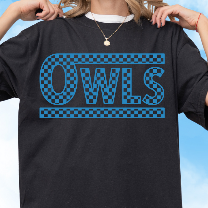 Checkered Owls on Black Tee