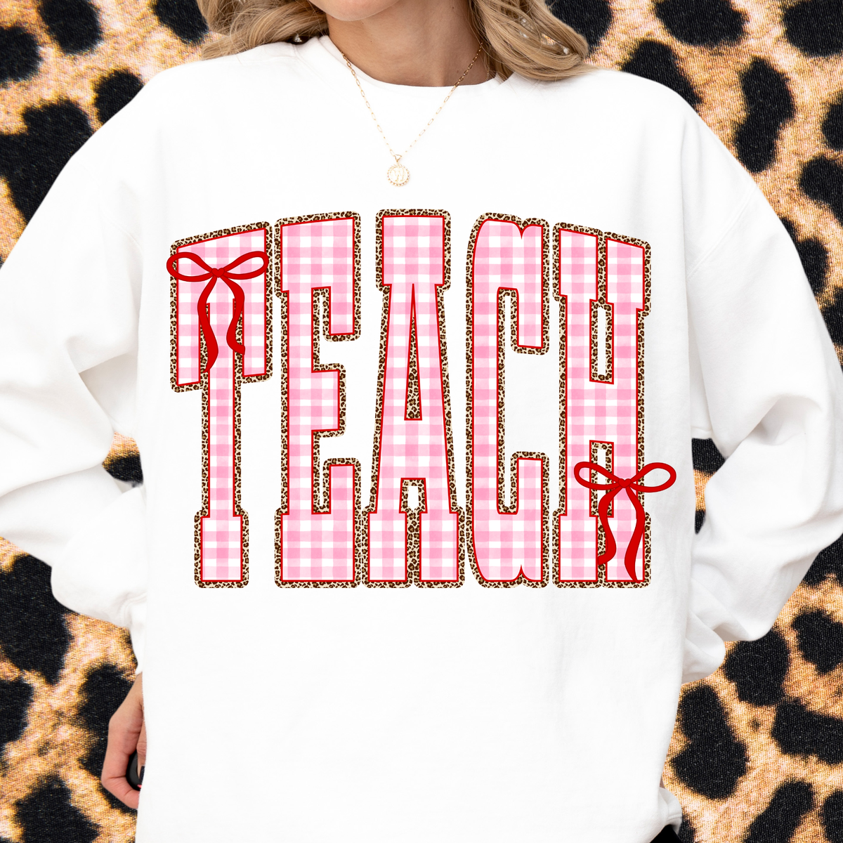 Gingham + Leopard TEACH Crewneck Sweatshirt