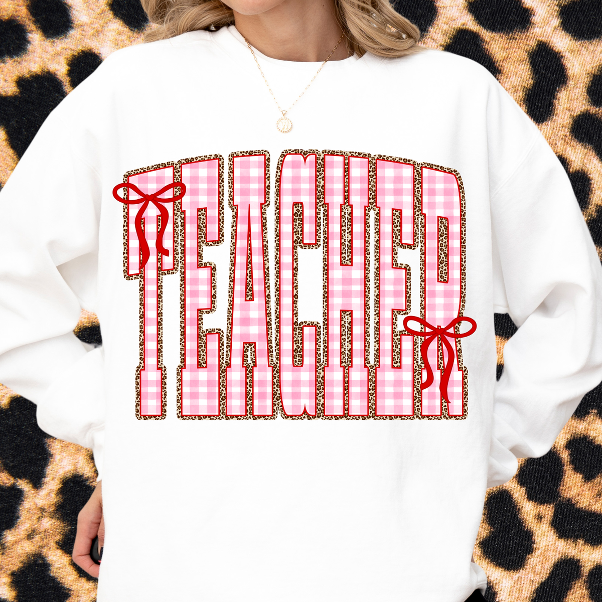 Gingham + Leopard TEACHER Crewneck Sweatshirt