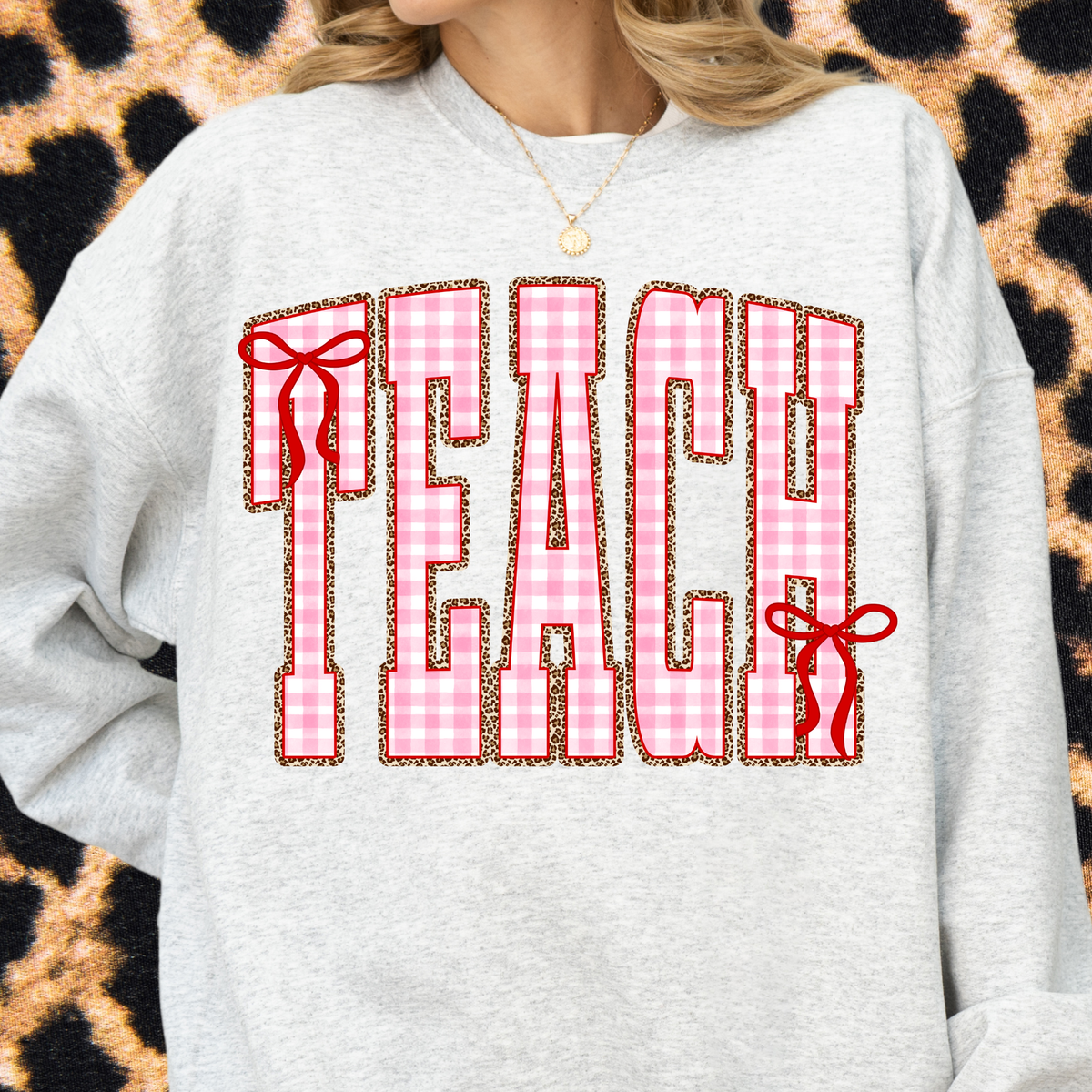 Gingham + Leopard TEACH Crewneck Sweatshirt