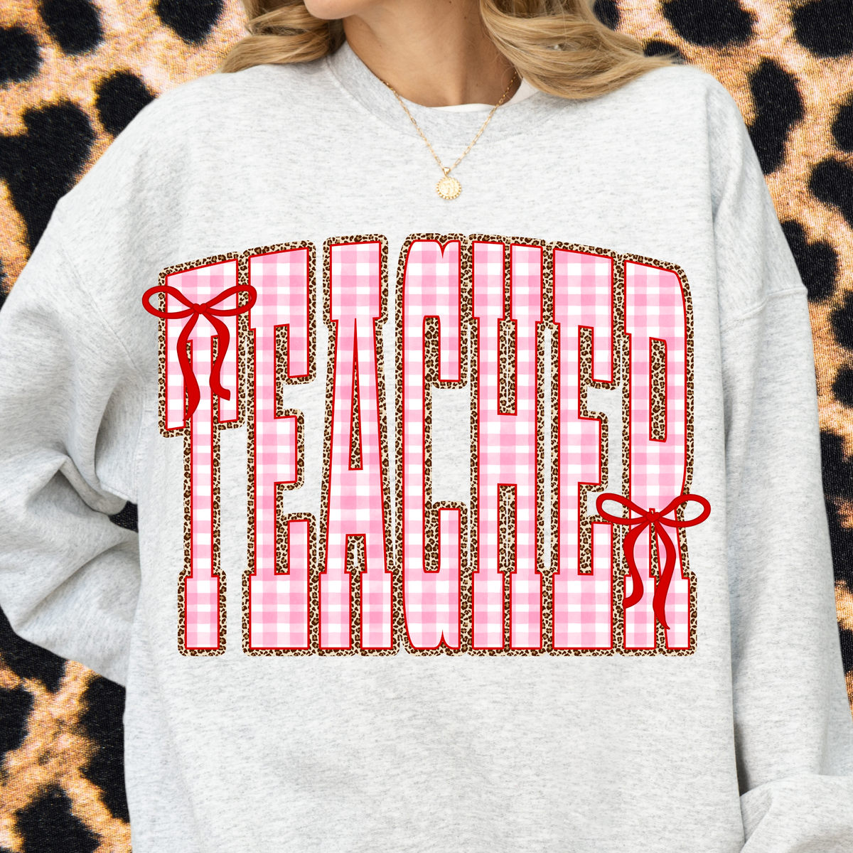 Gingham + Leopard TEACHER Crewneck Sweatshirt