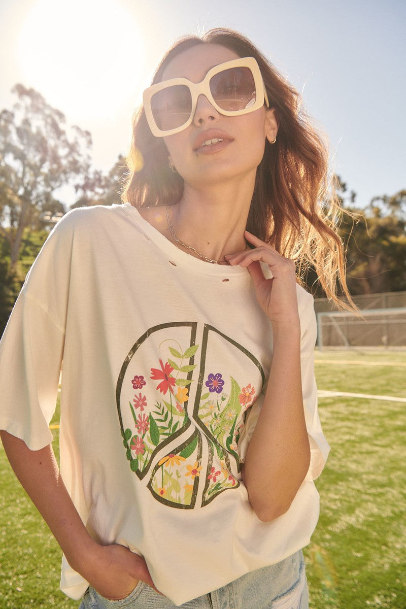 FLORAL PEACE DISTRESSED TEE