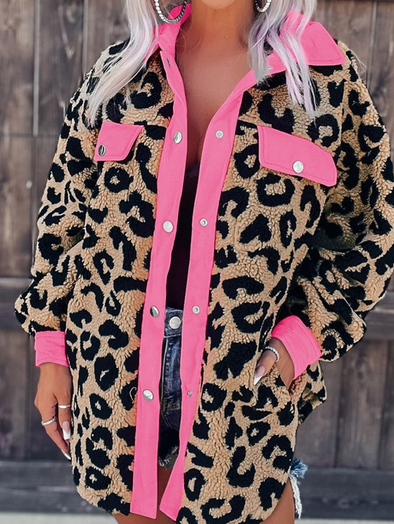  Fattyeery Fashion Pink Purple Leopard Jacket for Women
